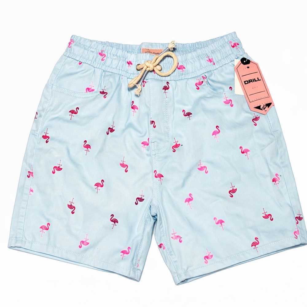 Drill Light Blue Flamingo Print Swim Trunks